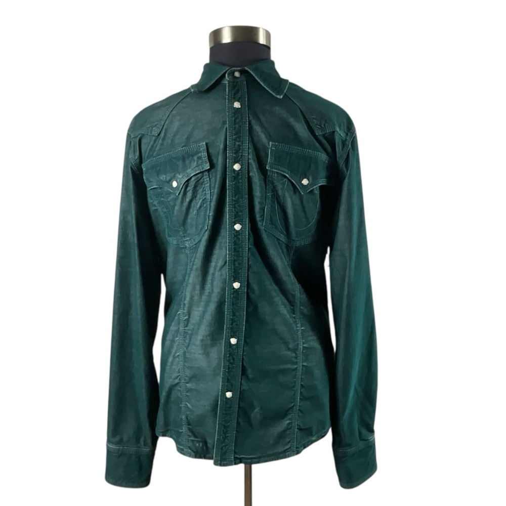 True Religion Rocky Men Dark Teal ‎ Chambray Corduroy Western Pearl button Shirt